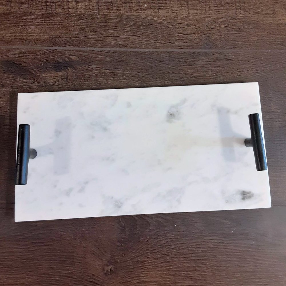 Real Marble Tray with Black Handles Deccorative Accent for Home